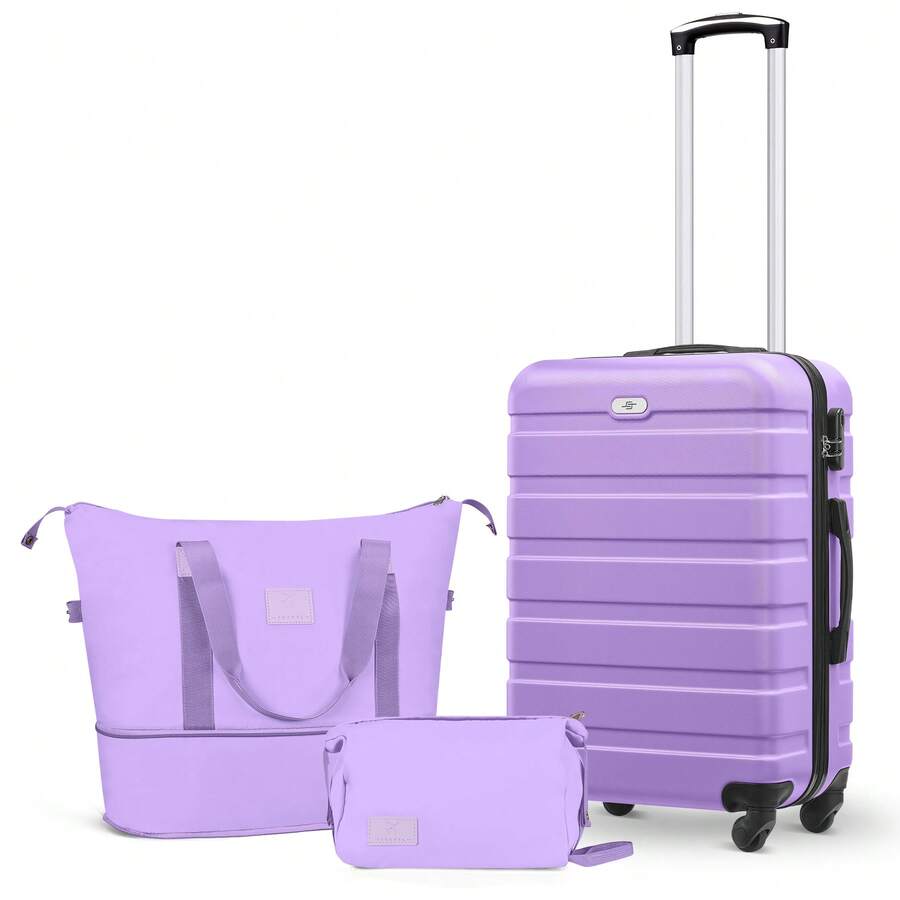 三件套登机行李箱：20英寸航空认证硬壳行李箱，带静音万向轮+手提袋+洗漱包，轻便旅行套装，适用于飞机、商务、休闲旅行、短途旅行和日常使用。行李箱、拉杆箱、万向轮行李箱、旅行箱、旅行箱、行李箱、带轮登机箱、旅行必备、耐用、男女通用、度假、商务出行、大容量、旅行必备、旅行配件、旅行收纳、旅行用品 - 紫色 - 查看 1