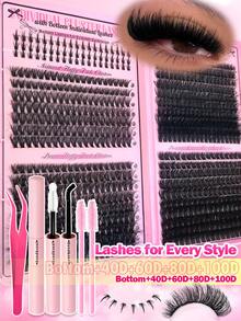 740PCS D Curl Individual Lash Clusters High Capacity Bottom+40D+60D+80D+100D 9-16mm DIY Lash Clusters Extra Thick&Natural Look&Wispy&Long-Lasting&Waterproof Reusable Individual Segmented False Eyelashes Eyelash Extension Kit With Makeup Tools Bond And Seal&Lash Tweezers&Lash Brushes For Self Use At Home Or On-The-Go For Daily Life&Wedding&Party&Music Festival&Mother's Day&Travellash Clusters Kit,Lashes,Eyelashes,Fake Lashes - 彩色 - 查看 12