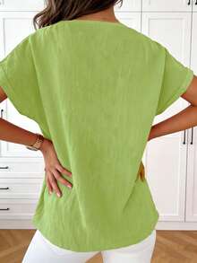 大码女式印花V领舒适水洗休闲短袖T恤，夏季度假 - 綠色 - 查看 3