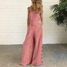 European And American New Style Cotton And Linen Printed Button Decorated Sleeveless Loose Strap Jumpsuit For Women - 紅色格子 - 查看 12