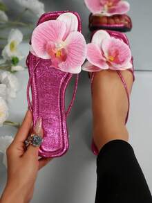 女士法式平底花朵图案拖鞋，新款夏季时尚凉鞋，适合约会、购物、派对、海滩度假和休闲居家穿着。 - 玫紅色 - 查看 1
