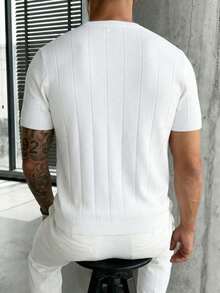 GRDR Men's Loose Thin Ribbed Crew Neck Knit Short Sleeve Sweater, Summer - White - View 2