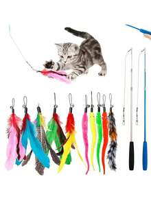 1pc Cat Teaser Wand Toy, Pet Artificial Feather Bell Replacement, Suitable For Cat Exercise And Entertainment, Handheld Teaser Wand With Replaceable Insect-Shaped Wand Heads - Multicolor - View 4