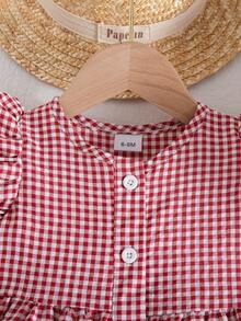 女婴可爱格纹短袖派对连衣裙，春夏款 - 紅色 - 查看 7