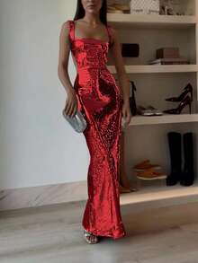 Women's Metallic Sequin Square Neck Fishtail Backless Sleeveless Party Maxi Dress, Perfect For Outings, Parties, Cocktail Events, Wedding Guests, Christmas, New Year's Eve And More - Red - View 3