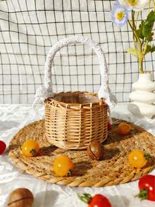 1pc Handwoven Rattan Picnic Basket, Portable Handle Storage Basket, Outdoor Camping & Picnic Essential, Photo Prop Basket, Snack Fruit Organizer, Ideal Gift For Family & Friends,Two Weaving Methods Are Shipped Randomly. - Multicolor - View 3