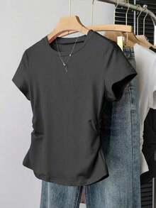 Camiseta de manga corta con pliegues casual para mujer, versátil para el verano - Negro 3 - Ver 4