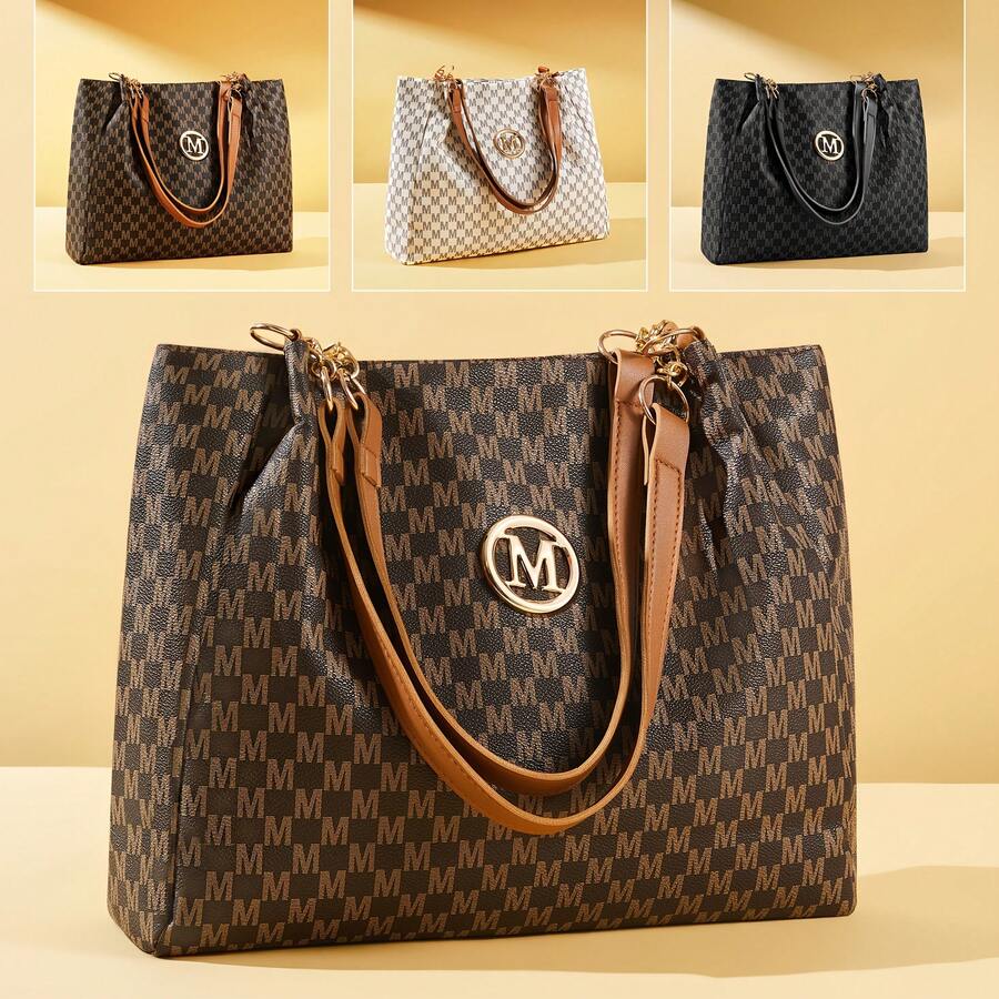 Women's PU Retro M Print Character, M Retro Hardware Accessories, Large Capacity Spring Summer Travel Vacation Zipper Closure Shoulder Bag, Crossbody Bag, Handbag, Tote Bag, Mother's Day Gift - 黑色 - 查看 1