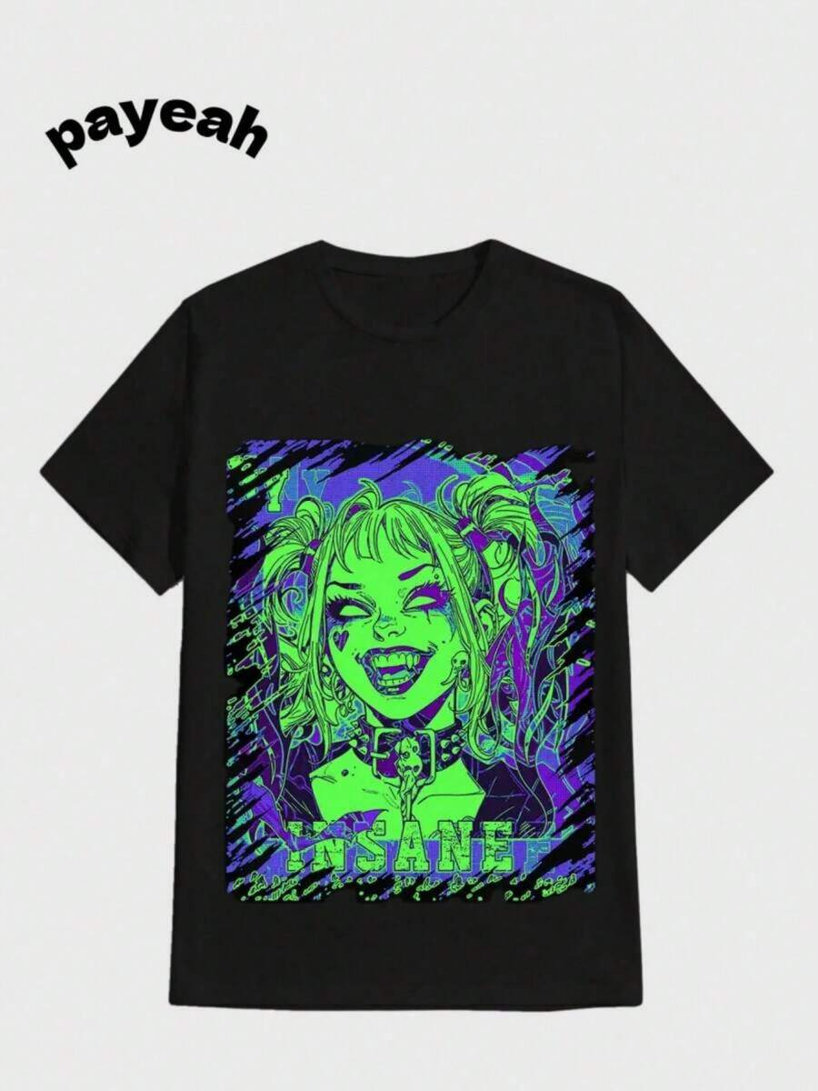 Payeah herr neon anime grafisk t-shirt - Kraftig 100% bomull bla retro 80-talsstil japansk mangatryck med neongröna och blå karaktärer, Casual Ro Ne T-shirt för vår, strand- och vardagsklädsel, maskintvättbar, geometrisk neondesign, normal passform, anime-inspirerad vardagskläder för män, livfulla neonfärger, bekvämt rent bomullstyg, perfekt för animefans och vardagliga utflykter, klädstil, vårmode, andningsbart material, mjukt tyg, klädälskare - Svart - Visa 1