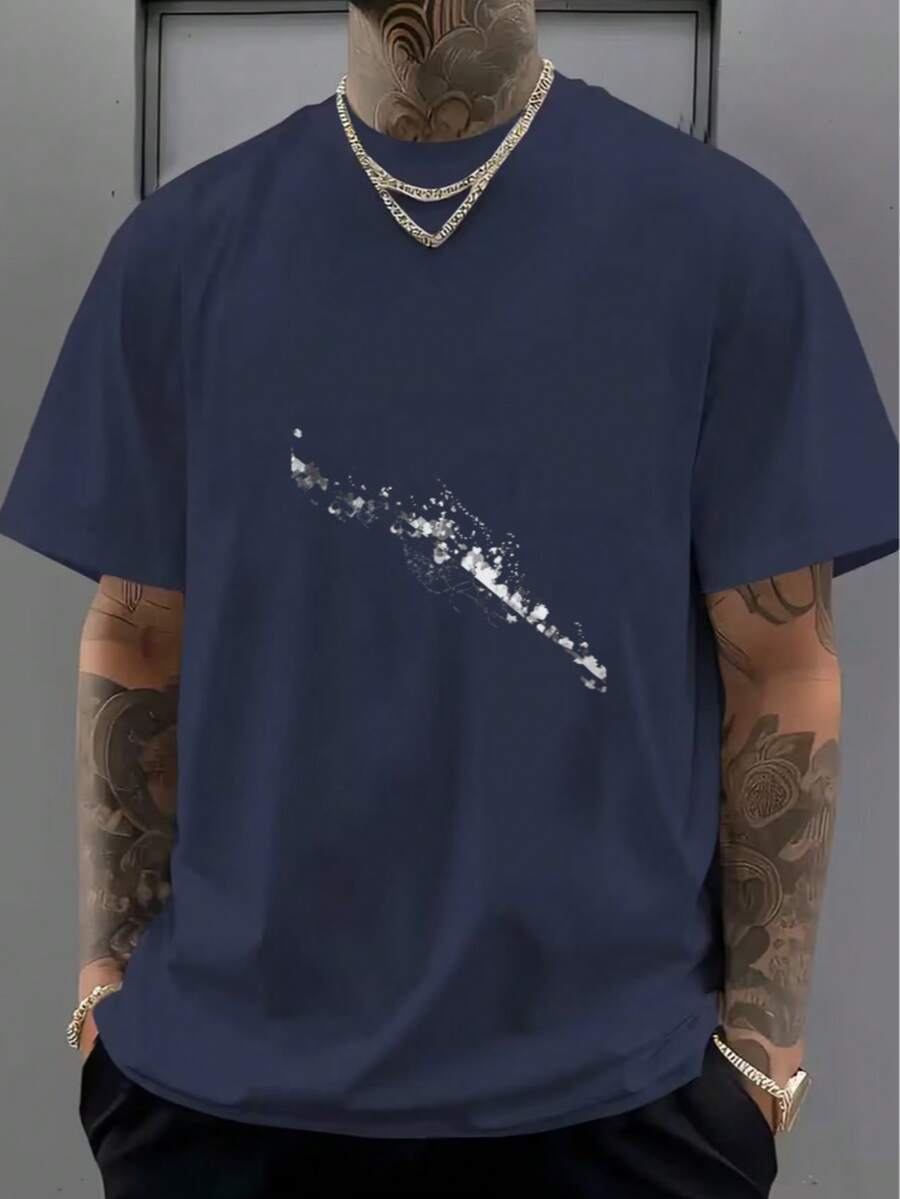 Item: White Short-Sleeved T-Shirt With Abstract Ink Pattern - Navy Blue - View 1