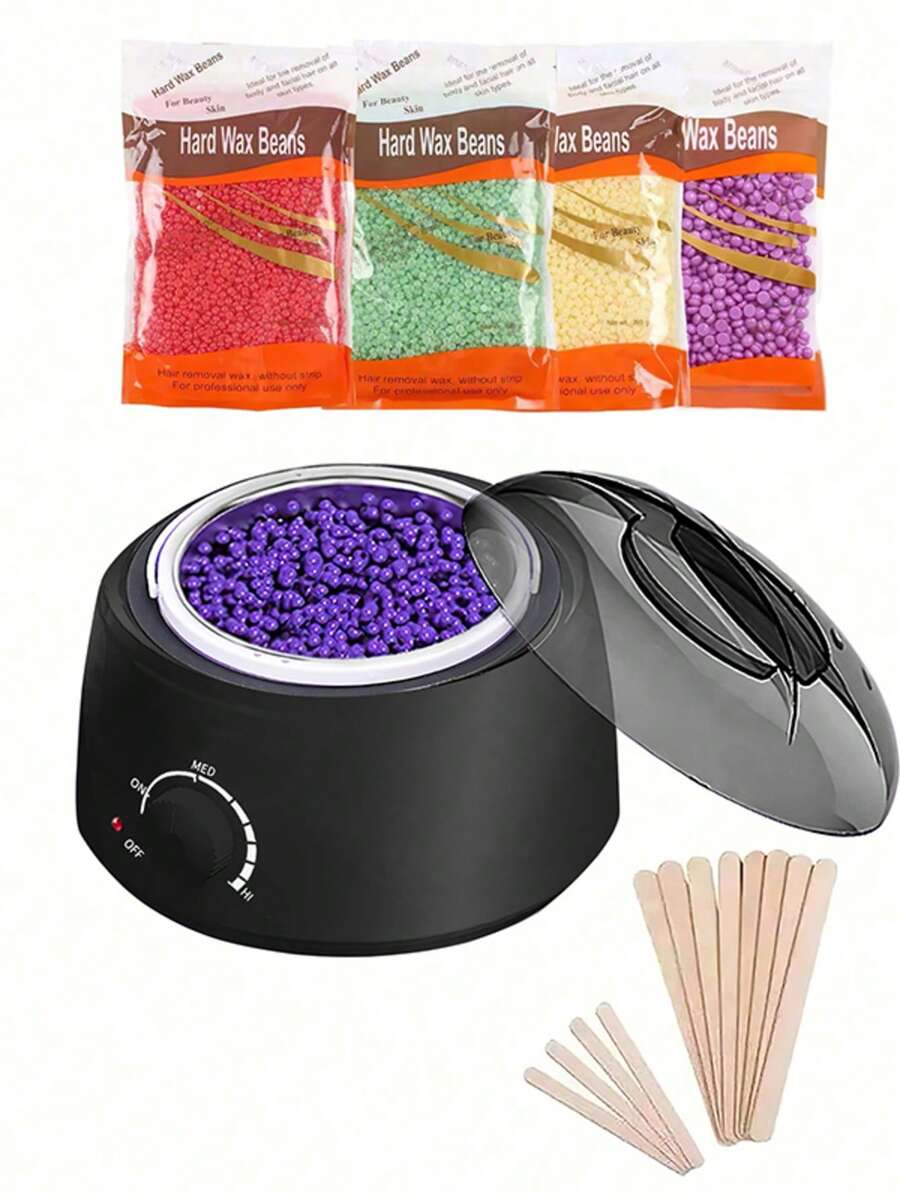 四合一硬蜡加热器套装 - 内含4颗香氛蜡豆和12根涂抹棒，温度可调，适用于全身、比基尼线和面部脱毛，专业沙龙级家用脱毛工具 - 查看 1