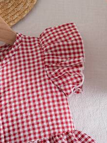 女婴可爱格纹短袖派对连衣裙，春夏款 - 紅色 - 查看 10