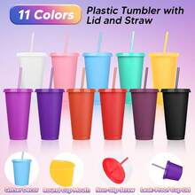 KAFUFU 25 Pack Plastic Tumblers With Lids And Straw, Reusable Cups With Lids And Straws Colorful Cups For Cold Drink Iced Coffee, Plastic Tumbler Bulk For Party Birthday Gifts (24 Oz, Stylish Colors) - 25pc 天藍色 - 查看 8