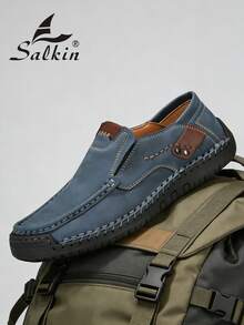 Salkin 时尚设计师手工男士乐福鞋，休闲一脚蹬，适合驾车穿着，价格亲民，品牌感十足，轻便柔软舒适，纯色普鲁士蓝鞋，防滑耐磨橡胶鞋底，平底鞋，男士真皮鞋，户外穿着，日常百搭，适合步行。春、夏、秋季均有穿着，尺码偏小，建议选择大一码。 - 藍色 - 查看 3