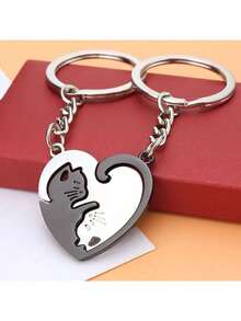 Cat Hug Keychain With Patchwork Heart Round Keyring Cute Design For Couple Lovers Bag Car Key Holder Gift