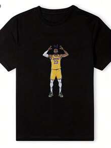 Mens 220g Cotton T Shirt Lakers Basketball Team Theme Print Casual Sports Top Breathable Comfortable Fit Tee For Fan - 黑色 - 查看 1