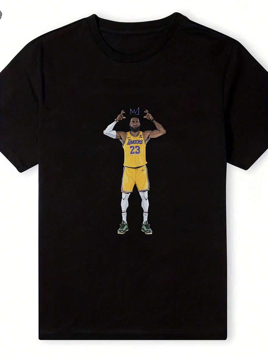 Mens 220g Cotton T Shirt Lakers Basketball Team Theme Print Casual Sports Top Breathable Comfortable Fit Tee For Fan - 黑色 - 查看 1