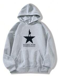 Women'S Y2K Style Hamilton Musical Inspired Hooded Sweatshirt - Official  Musical Graphic Print, Cozy Fleece Pullover With Star & Hamilton Lettering - 灰色1 - 查看 8