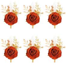 Burnt Orange Velvet Rose Boutonniere For Men,Set Of 6,Groom And Best Man Boutonnieres With Artificial Flower,For Wedding Ceremony Anniversary, Dinner Party, Fall Vintage Rustic Marriage Prom,6pcsOrangeBoutonnieres - 6顆橘色胸花 - 查看 1