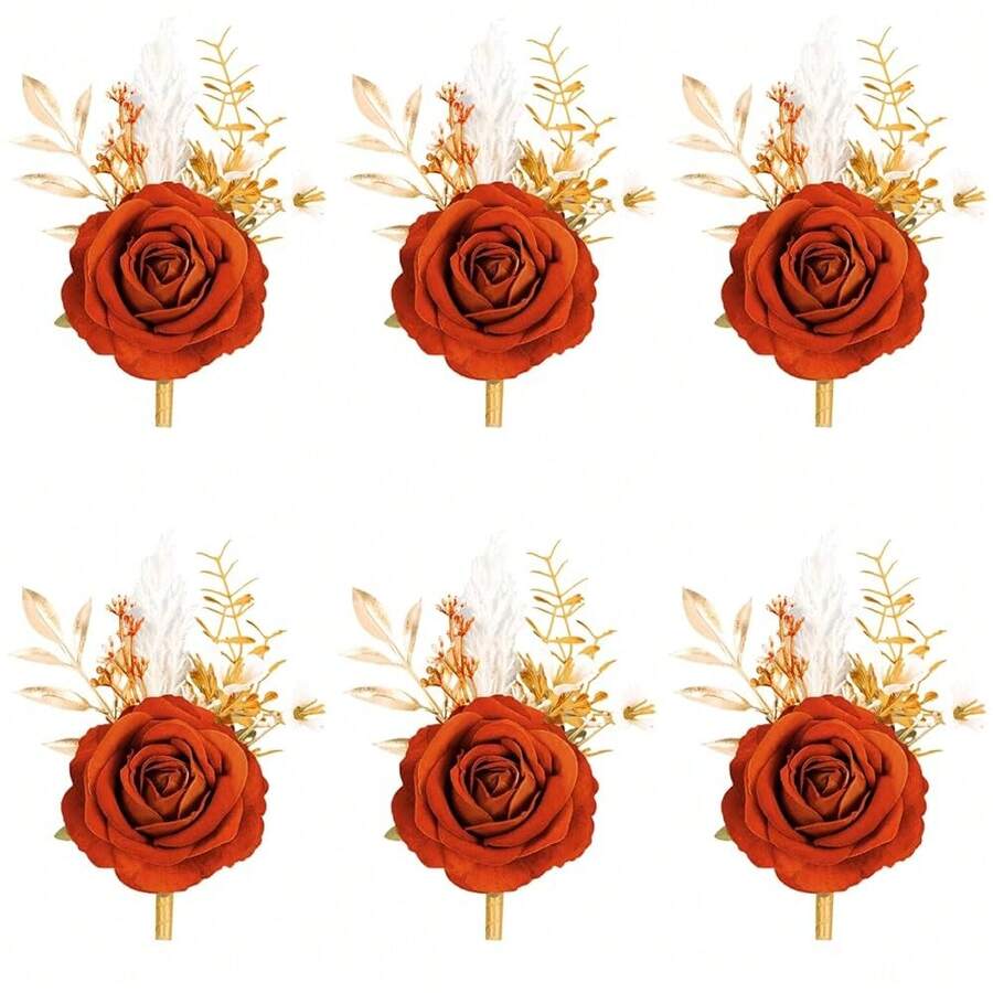Burnt Orange Velvet Rose Boutonniere For Men,Set Of 6,Groom And Best Man Boutonnieres With Artificial Flower,For Wedding Ceremony Anniversary, Dinner Party, Fall Vintage Rustic Marriage Prom,6pcsOrangeBoutonnieres - 6顆橘色胸花 - 查看 1