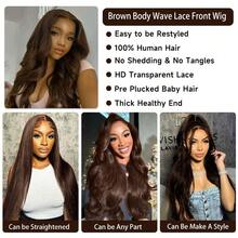 ownvmor Chocolate Brown 4# Body Wave Human Hair Wig 200 Density Body Wave Lace Front Wigs Human Hair Pre Plucked 13X4 HD Frontal Wig 4# Colored Brown Wig For Women Glueless Wigs,BOB Wigs - 巧克力棕色蕾絲前假髮 - 查看 9