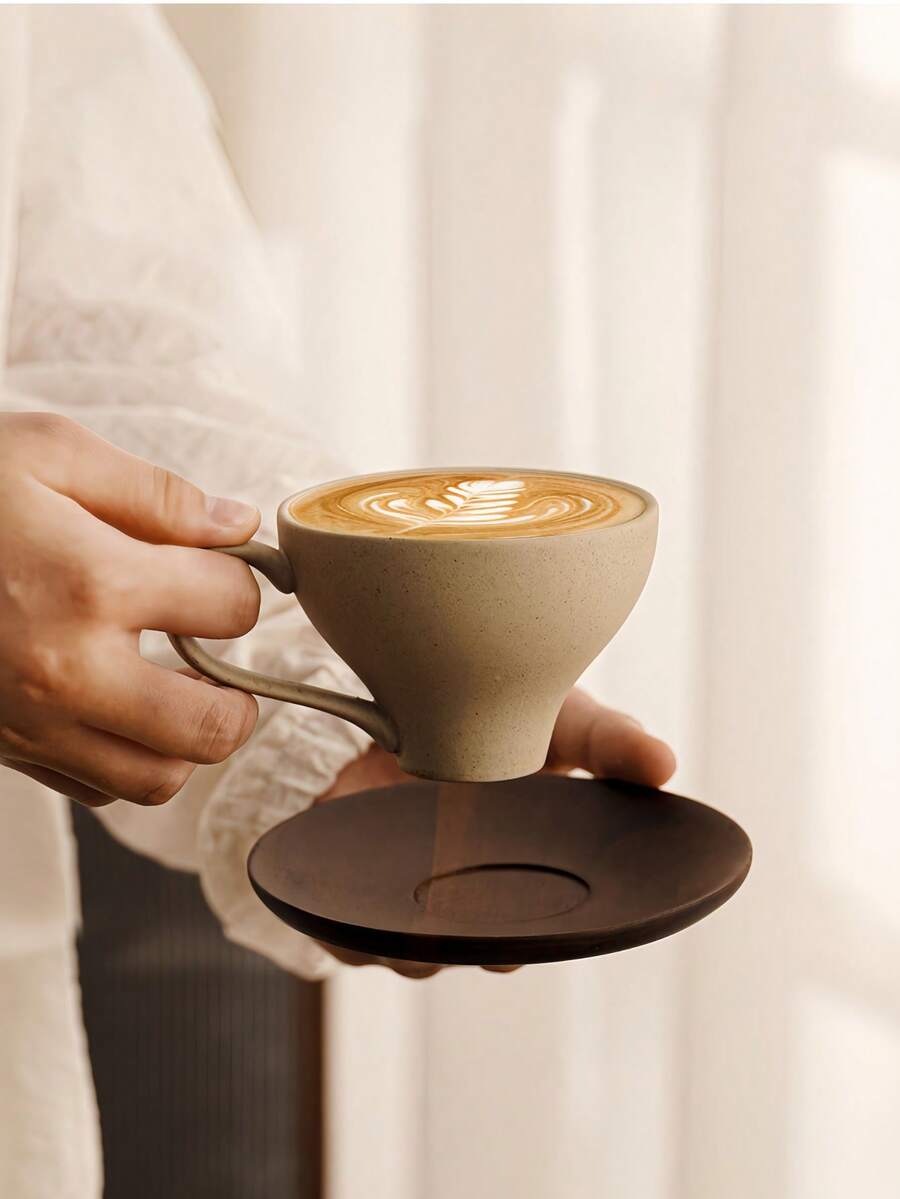 Handmade Ceramic Coffee Cup Set With Wooden Tray - Wabi-Sabi Style Pottery Tea Cup, Suitable For Cappuccino And Latte, Perfect For Afternoon Tea, Rustic Home Drinkware Gift - Multicolor - View 1