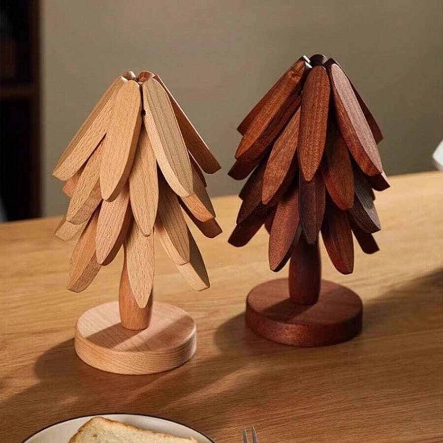 1 Set Foldable Tree-Shaped Black Walnut Wood Trivet Set, Heat Resistant Placemat & Coaster Set, Wooden Tableware Mat - Multicolor - View 1