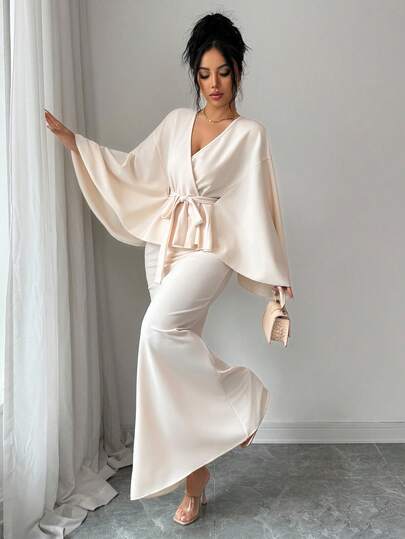 2pcs Set: Solid Color Elegant Party Casual Tie-Up Ruffle Hem Blouse And Skirt, Spring