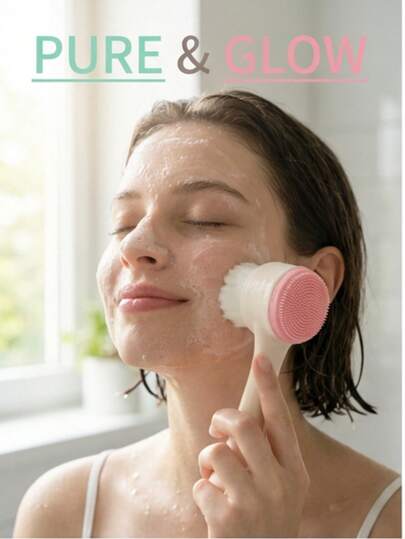 2-In-1 Double-Sided Facial Cleansing Brush, Manual Face Wash Brush With Soft Bristles And Silicone Exfoliating Brush Head. Handheld Pore Cleansing Tool, Deep Cleansing, Blackhead Removal, Makeup Removal. Gentle Massage, Caring For Sensitive Skin. Waterproof Design, Suitable For Men And Women, Can Be Used For Bathing And Beard Care, An Ideal Travel Companion.