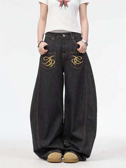 بنطلون نسائي ذو جيوب متعددة بتطريز وتصميم ياباني عتيق، بقصة واسعة وفضفاضة، بنطلون جينز مريح وعملي للشارع، (الحزام/الاكسسوارات غير مشمولة) أسود للربيع