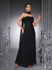 女士优雅纯色针织拼接不对称修身长裙，性感露背荷叶边下摆，适合派对穿着；女士褶皱宽松正式礼服，适合舞会、毕业典礼、明星红毯、舞会等场合，配有围巾；新年派对礼服 - 黑色 - 查看 8