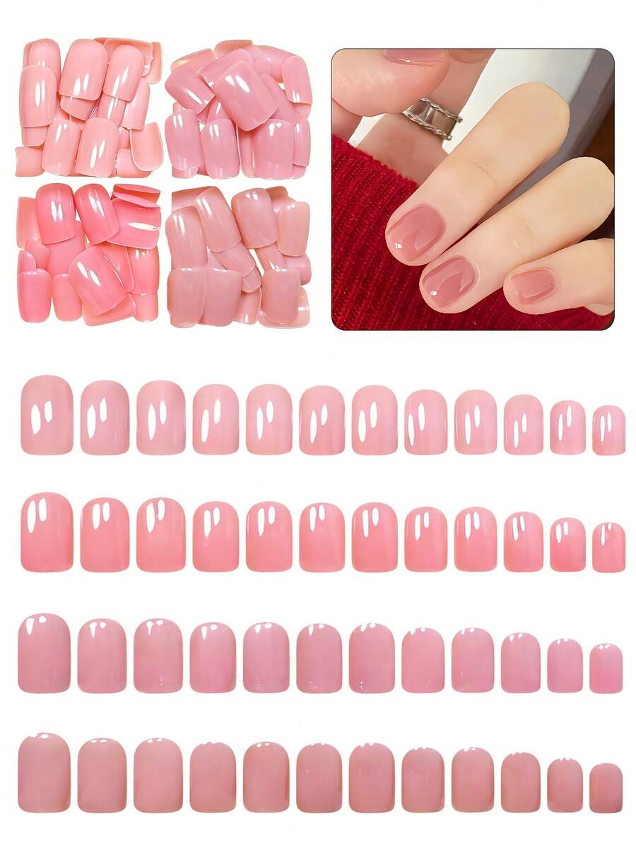 96pcs Short Square Press-On Nails To Elevate Your Style! Minimalist Elegant Nude Pink Solid Color Artificial Nails Set, Classic Fashionable Daily Powder Brown Solid Color Press-On Nails, Full Coverage Fake Nails Set Suitable For Women And Girls. The Set Includes 4 Adhesive Stickers And 4 Mini Gel Stickers. Random Delivery. Nail Supplies - Pink - View 1