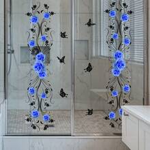 1pc Blue Rose & Black Vine Butterfly Glass Sticker, Waterproof Self-Adhesive Contrast Floral Decal For Bathroom - Multicolor - View 4