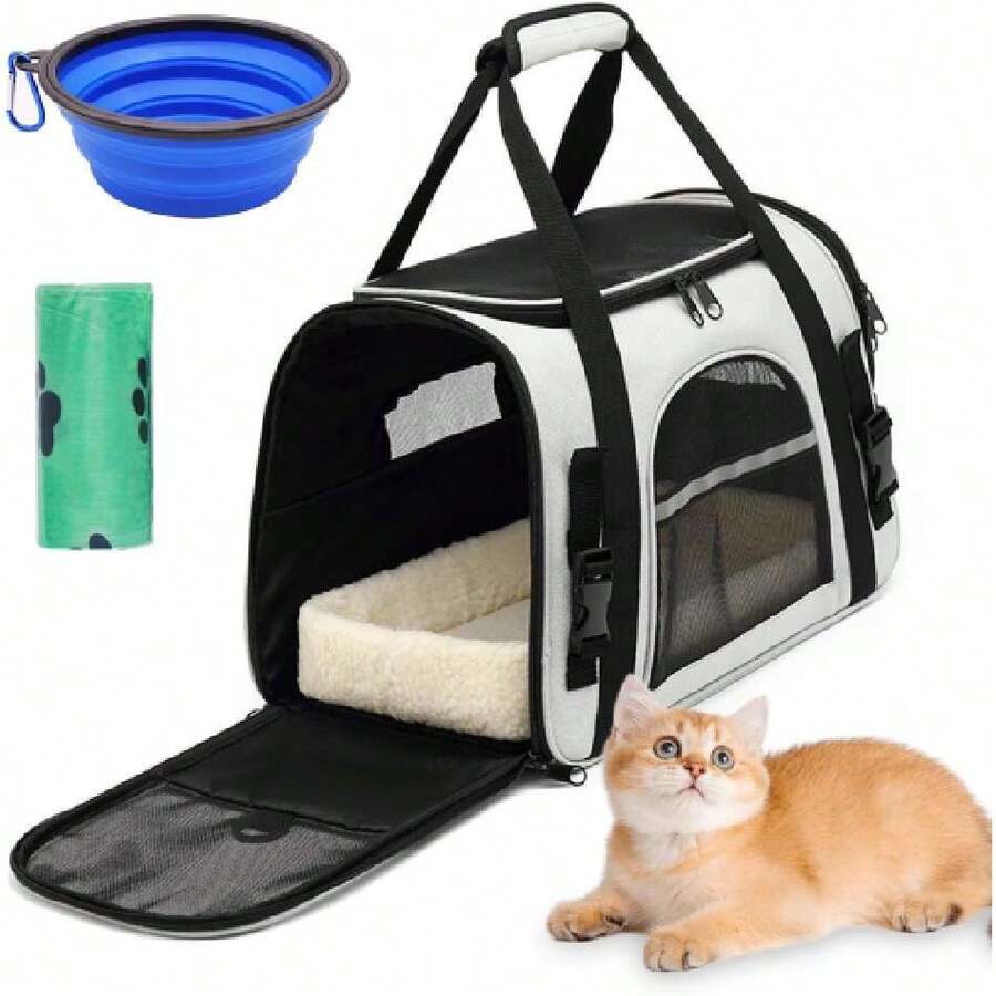 Transportadora para Perro y Gato. Cojín de Felpa con Correas Ajustables para los Hombros. Transportadora para Perro Chico, Adecuado para Mascotas Pequeñas y Medianas.con Bol + Bolsa. (Negro gris),37423892 - Multicolor - Ver 1
