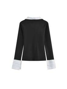 二合一女士长袖针织衫，春秋季款，设计细节：收腰设计，修身剪裁，可作内搭衬衫 - 黑色 - 查看 5