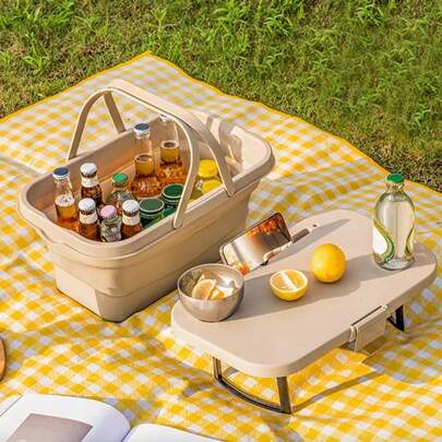 Cesta de picnic de 16 l con mesa multifuncional, plegable con asa y tapa, impermeable, ideal para camping, fiestas al aire libre, playa, pesca, senderismo y camping (caqui).