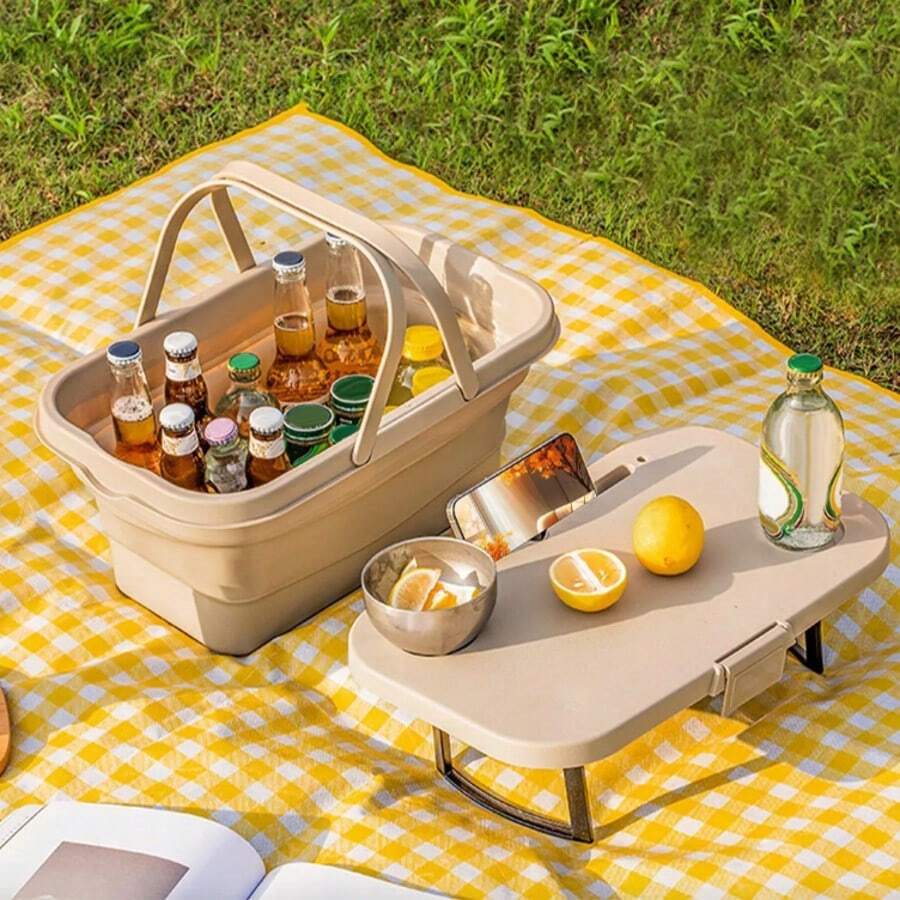 Cesta de picnic de 16 l con mesa multifuncional, plegable con asa y tapa, impermeable, ideal para camping, fiestas al aire libre, playa, pesca, senderismo y camping (caqui). - Albaricoque - Ver 1