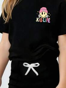 Young Girl Cartoon Print Short Sleeve T-Shirt And Skinny Flared Pants - Black - View 4