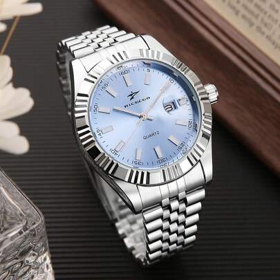  1 pieza Reloj de cuarzo para hombres RICECGO, correa de acero inoxidable, estilo clásico de negocios, con función de calendario, adecuado para uso diario, regalo ideal para cumpleaños, regalos de vuelta a la escuela