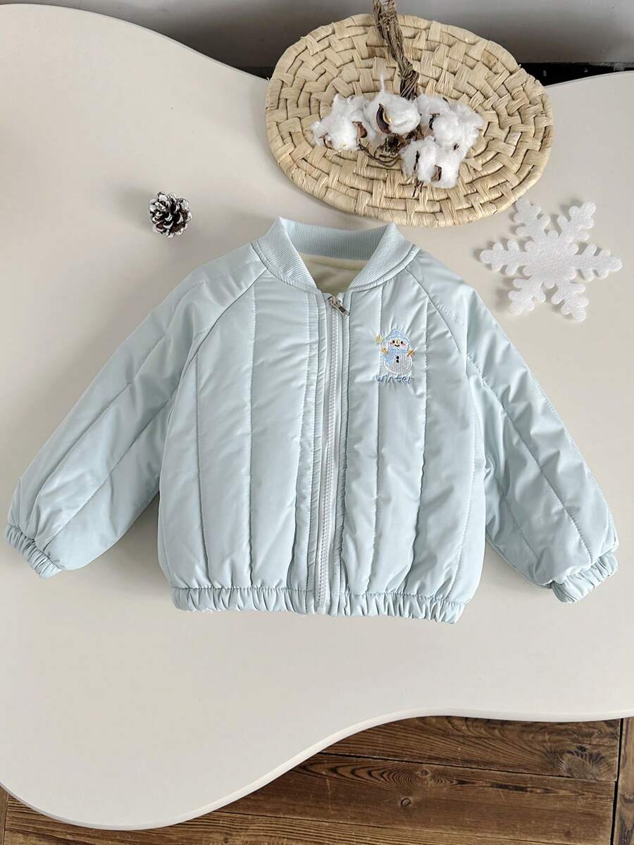 1件女童雪人刺绣休闲拉链外套，加厚保暖长袖，下摆带松紧带，适合冬季外出穿着