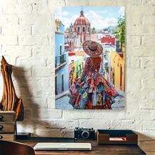2D Plano, 1 pieza de arte de pared en lienzo con marco de madera de escena callejera mexicana colorida - Diseño vintage moderno, póster impreso de alta calidad, decoración de pared vertical para sala de estar, dormitorio, oficina en casa, cocina, baño, decoración de hogar mexicana, obra de arte de dormitorio, impresión artística, obra de arte enmarcada, impresión decorativa, diseñadores de interiores, 2D plano - Multicolor - Ver 7