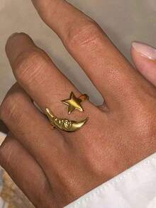 YUNCHUN 2pcs Adjustable Stainless Steel Five-Pointed Star Rings, Gold Color, Beautiful Jewelry Gift For Women - Stars and Moon - View 2