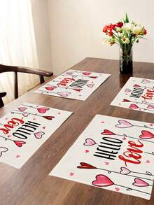 4Pcs Red And White Valentine's Day Heart Balloon Pattern Farmhouse Heat-Resistant Placemats For Terrace Round Tables Holiday Parties Kitchen Home Dining Tables Tea Party Tables