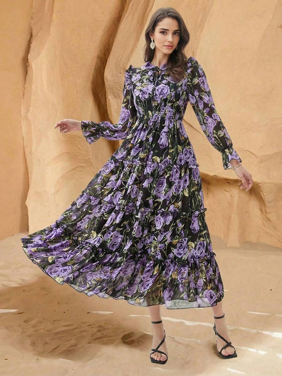 Women's Elegant Chiffon Purple Ditsy Floral Long Sleeve Tie Neck Ruffle Hem A-Line Maxi Dress, Bohemian Style - Purple - View 1