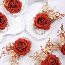 Meldel Orange Velvet Rose Wrist Corsage, Set Of 6, Wedding Bridal Flower Corsage Hand Decor For Prom Party Homecoming, Wristband Flowers Bride, Bridesmaid, ,6pcsOrangeWristCorsages - 6顆橘色腕花 - 查看 10