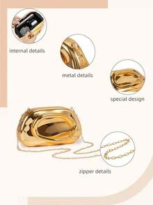 Elegant And Stylish Hardware-Decorated Clutch, Retro And Simple Solid-Color Popular Shoulder Bag, Versatile And Highly Attractively Ladies' Chain Messenger Bag For Daily Wear, New Fashion Evening Clutch, Suitable For Matching Dresses To Attend Parties And Weddings , Old Money - 金色 - 查看 8