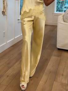 Women's Spring Summer Satin Pants High Waist Solid Color Loose Wide Leg Trousers - Màu vàng - Xem 2