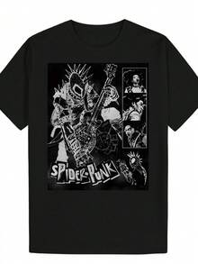 Men's Black Rock Band Graphic T-Shirt With Spider-Punk Guitarist Design - Casual Round Neck For Summer, Themed Events And Comic-Con - Punk Rock Style Inspired By Spidey, Machine Washable - 黑色 - 查看 1