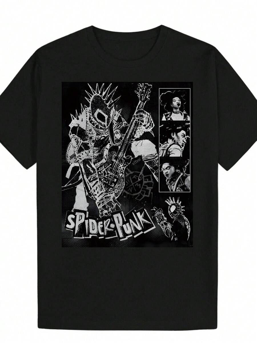 Men's Black Rock Band Graphic T-Shirt With Spider-Punk Guitarist Design - Casual Round Neck For Summer, Themed Events And Comic-Con - Punk Rock Style Inspired By Spidey, Machine Washable - 黑色 - 查看 1