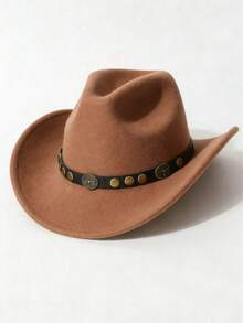 1顶男女通用西部牛仔帽，配有可拆卸牛头铆钉装饰 - 100% 涤纶手工编织爵士高顶帽，轻便无弹性设计，适合户外活动、骑马、派对舞台表演、生日派对等场合。 - 三圓鉚釘小牛頭禮帽 - 查看 17